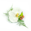 A quietly radiant wedding corsage or boutonniere centered on a single pristine white Phalaenopsis orchid, photographed against a clean white backdrop so every texture reads clearly. The orchid's broad, satiny petals open in a near-perfect circle, their smooth, slightly waxy surface catching soft, diffused light; the throat is a delicate study in pale yellow, gold and faint light-brown markings that give warmth to the blossom's cool white. Feather-light sprays of asparagus fern cradle the bloom, their fine, airy fronds fanning left and drooping gently to the right to create an open, natural silhouette. On the right, clusters of glossy, reddish-pink hypericum berries gather like small jewels, introducing a warm, rustic counterpoint, while a compact, lime-green chrysanthemum or similar filler adds a bright, textural note beneath the orchid. The arrangement reads as compact and expertly balanced despite its asymmetric movement, intended to be pinned to a lapel or worn on the wrist for a prom, wedding, or formal ceremony. There's an implied freshness here - the subtle green scent of foliage and the cool silkiness of the orchid - and a tactile contrast between the orchid's smooth petals, the fern's feathery softness, and the berries' firm shine. As a local piece suited to Grove Park celebrations and intimate gatherings near Chinbrook Meadows or around Grove Park station, this corsage feels both modern and timeless: understated luxury made for moments when small details carry the day's feeling.