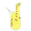 The photograph presents a unique floral tribute shaped like a saxophone, standing alone against a plain white backdrop so that its colour and texture take centre stage. Every part of the instrument's form-the bell, body, and arching neck-is covered in a dense layer of bright yellow chrysanthemums or similar tiny blooms, compacted so closely that they create a smooth, plush surface. The flowers follow the contours with remarkable accuracy, turning what is usually a polished brass instrument into something soft, warm, and comforting. Scattered across this golden field are small, rounded deep red accents, likely spray roses or berry-like buds, positioned thoughtfully where the saxophone's keys would sit. These dots of red form a gentle pattern along the body, echoing the rhythm of notes on a page and adding a deeper emotional tone to the arrangement. Slim strands of green foliage thread along the edges and inside curves, especially around the neck and lower section, outlining the shape and giving the impression of music flowing from the instrument. A few thin green wires or stems are visible near the mouthpiece and along the left-hand side, hinting at the internal framework that allows the tribute to stand upright while remaining visually light. This floral saxophone feels like a deeply personal farewell, particularly suited for a funeral or memorial in Grove Park where the deceased might have been known for their love of jazz or participation in local bands and choirs. The combination of bright yellow and rich red suggests both gratitude and lasting affection, offering a comforting, music-themed way to honour a life.