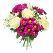 This image shows a joyful mixed bouquet posed against a pure white background, its colours clear and inviting. Several large roses in creamy white and pale, buttery yellow open fully at the heart of the design, their velvety petals layered and spiralled in a way that looks both soft and luxurious. Around and between these roses spill clusters of vibrant fuchsia and magenta chrysanthemums, their daisy-like blooms full and slightly ruffled, each one centred with a bright yellow-green eye that adds sparkle. Fine stems of tiny white daisies, reminiscent of chamomile picked from a country verge, weave gently through the larger heads, each small flower with crisp white petals and a neat golden centre that lightens and softens the whole arrangement. Deep green foliage frames and supports the flowers, the different leaf shapes creating contrast and giving the bouquet a natural, garden-grown character, as if the stems were freshly gathered from a hidden plot near the Thames in Grove Park. The florist has drawn all the stems together into a neat bundle, wrapping the base with a green and white checked ribbon that echoes a picnic blanket or village fair, adding a touch of homely charm. Even, bright lighting accentuates the vivid magentas and calm creams, while subtle shadows describe the bouquet's rounded form. The overall mood is one of warm celebration and easy affection, the kind of bouquet that feels perfectly at home delivered to a friend's doorstep near Grove Park station, brought along to a family lunch in Chiswick, or placed on a kitchen table to bring a little burst of floral joy indoors.