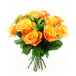 In this photograph, a hand-tied bouquet of around twelve bi-colour roses appears almost to float against a pure white background, the neutral setting making the vivid colours of the flowers the sole focus. The roses form a rounded, cohesive cluster, each bloom fully open so that its spiralling petals can be admired in detail. At the heart of each flower, a gentle, sunshine yellow radiates outward, seamlessly shifting into deeper golden tones, rich apricot, and bright orange near the edges. Some petals show a delicate red-orange blush at their tips, suggesting the soft glow of a sunset along the Thames near Grove Park. The petals are smooth and velvety, with softly ruffled edges that overlap, giving the bouquet a plush, abundant appearance. Between the blossoms, dark green leaves emerge, their glossy surfaces and cool tones providing a refreshing contrast that recalls the leafy streets of Grove Park and nearby Chiswick. Beneath the roses, a bundle of straight, dark stems is visible, trimmed cleanly and tied together, as if this bouquet has just been finished at Grove Park Florist and placed down briefly before being delivered to a local address. The even, bright lighting eliminates harsh shadows, allowing the viewer to appreciate the subtle shifts in colour and the careful craftsmanship of the arrangement. The overall impression is one of warmth, cheerfulness, and quiet celebration, making this bouquet perfectly suited to birthdays, anniversaries, or thoughtful gestures for friends and family throughout the Grove Park area.