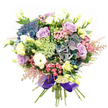 Elegant and brimming with local charm, this bouquet feels like a breath of Grove Park's riverside into your living space. It's anchored by plump hydrangea in rich, shifting hues of indigo, teal, and soft purple, their generous heads echoing the dreamy clouds over Duke's Meadows. Amid their abundance, roses in gentle lilac and creamy white swirl open, suffusing the bouquet with a sense of grace and calm found on early walks along Chiswick riverside paths. Soft, multi-layered white ranunculus and delicate eustoma buds-some tinged with yellow, others in hints of pale green-bring airy variation and a gentle, fleeting scent. Vivid pink filler flowers dart between the main blooms, while feathery astilbe and lacy filler blossoms in green and white wind through, conjuring wildflower meadows tucked along Hartington Road. Fresh dark green foliage wraps the bouquet in quiet splendor. The entire piece is skillfully secured with a wide, glossy purple satin ribbon at the stems, a luxurious touch tying the cool palette together. Designed for heartfelt celebrations-a milestone, an anniversary, or a simple message of appreciation-this arrangement radiates both natural beauty and the heartfelt expertise of your trusted Grove Park florist.
