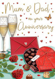 The anniversary card's artwork captures a tender moment of celebration, as if you are peeking at a carefully arranged scene on a table in a Grove Park family home. Two sumptuous red roses, fully open and richly coloured, stretch their velvety petals across the foreground, cushioned by glossy green foliage that suggests the skill of a professional florist choosing each stem for freshness and beauty. Nestled beside them is an open heart-shaped box of chocolates, its contents perfectly aligned, while a broad red ribbon bow curls across the lid, its satin sheen catching an imagined warm glow from a lamp nearby. Behind this inviting duo, two slim champagne flutes stand close together, each filled with sparkling golden wine; fine bubbles rise in elegant trails, hinting at the imminent clink of glasses and a softly spoken toast to Mum and Dad. The background is softly lit and dotted with floating crimson and gold hearts, which curve gently around a handwritten anniversary message, adding both playfulness and romance to the scene. In the foreground, a vivid red envelope lies sealed, angled as though it has just been placed down after a thoughtful note was written, perhaps while looking out at the trees lining Grove Park's quiet residential streets. The composition glows with a sense of evening calm and intimate joy, inviting you to imagine the scent of red roses mingling with chocolate and chilled champagne. It conveys the essence of an anniversary spent at home: cosy, affectionate, and filled with those small, meaningful gestures that say, You are still my chosen person, year after year.