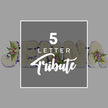 The photograph depicts a personalised five-letter funeral tribute lying in a composed row on a pale grey backdrop, the neutral setting allowing the floral craftsmanship to come forward with clarity and calm. Each of the five letters is built from a broad base and completely blanketed in fresh, snow-white chrysanthemums, so tightly placed that they resemble a soft, cushioned tapestry of petals. Around the outer edge of every letter runs a band of rich purple satin ribbon, carefully folded along each curve and corner, bringing structure, definition, and a dignified depth of colour that feels respectful rather than showy. Here and there, the white expanse is gently broken by small clusters of accent flowers: dainty pale pink and soft mauve spray roses nestled among glossy green leaves and delicate fern fronds, adding just enough colour and natural movement to keep the design from feeling stark. The arrangement hints at the name JOHNA, though a central overlay partly obscures the middle letters, suggesting that any cherished five-letter name or word can be created in this style. Over the centre rests a slightly darker grey square outlined in white, featuring the words 5 LETTER Tribute in white print, with a simple, modern font for the first two words and a flowing script for Tribute, explaining the concept without dominating the view. The lighting is even and gentle, with soft shadows that lend depth but no harsh contrasts, creating a mood of quiet reflection. It is easy to imagine this tribute being arranged by a florist in Grove Park and delivered to a service near Grove Park station or along Marvels Lane, where the white flowers and purple ribbon frame a final, heartfelt message in blooms.