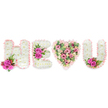 A carefully composed sympathy and celebration tribute spells out the sequence H, E, a heart shape, and U using densely packed white chrysanthemums as a soft, snow-like canvas against a clean white backdrop. Each letter-formed from tight clusters of tiny white heads-has its edges gently finished with a ruffled blush-pink satin ribbon that catches the light and adds a delicate, tactile frame. Bright fuchsia-pink roses punctuate the composition: a pair nestled at the lower left of the H, a trio crowning the centre bar of the E, and a matching duo placed within the inner curve of the U, their velvety petals and faint rose perfume cutting through the gentle scent of chrysanthemum. The central heart departs from the pure white letters and reads as the warm pulse of the tribute, layered with soft pink carnations, blush lisianthus or small roses, and pale green eucalyptus leaves that lend a subtle, herbal freshness and a softer green wash. Interspersed tiny red-berry clusters and fern-like foliage add depth and a touch of autumnal colour to the accents, creating shadow and movement when viewed from different angles. The whole arrangement sits in soft, diffuse lighting that highlights the satin ribbon's sheen and the carnations' ruffled edges, giving the piece a tender, handcrafted feeling. As a floral statement, it balances dignity and affection-equally at home in a memorial service in Grove Park, on a mantel at a family gathering, or as a personalised tribute left at a graveside-speaking of purity, remembrance, and enduring love with a calm, refined voice.